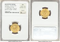 Justinian I the Great (AD 527-565). AV solidus (20mm, 4.21 gm, 7h). NGC AU 4/5 - 2/5, clipped, scuffed. Constantinople, 6th officina. D N IVSTINI-ANVS...