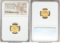 Justinian I the Great (AD 527-565). AV tremissis (17mm, 1.49 gm, 6h). NGC MS S 5/5 - 4/5. Constantinople. D N IVSTINI-ANVS PP AVG, pearl-diademed, dra...