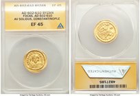 Phocas (AD 602-610). AV solidus (21mm, 7h). ANACS EF 45. Constantinople, 8th officina, AD 607-609. Ծ N FOCAS-PЄRP AVG, crowned, draped and cuirassed b...