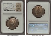 Isaac II Angelus, first reign (AD 1185-1195). EL aspron trachy (28mm, 3.50 gm, 6h). NGC AU 4/5 - 4/5, clipped. Constantinople. Full length figure of t...