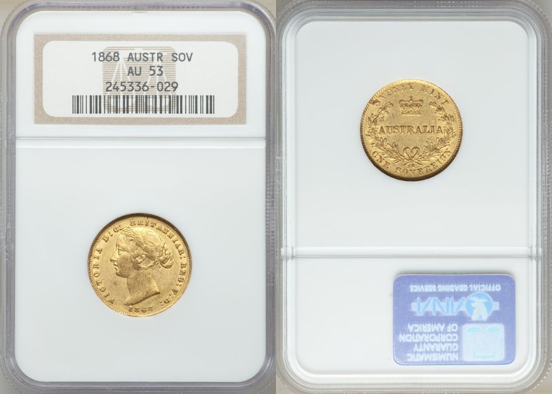 Victoria gold Sovereign 1868-SYDNEY AU53 NGC, Sydney mint, KM4. AGW 0.2353 oz. 
...
