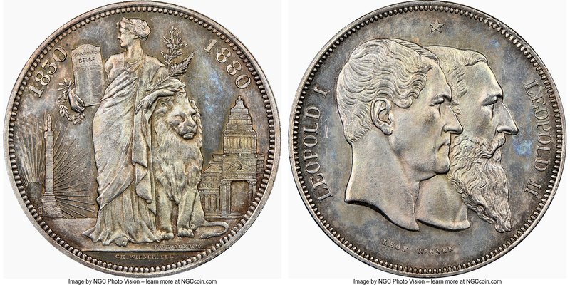 Leopold II silver Medallic 5 Francs 1880 MS62 NGC, KMX-8. Mintage: 6,714. Struck...