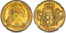 Jose I gold 6400 Reis 1773-R AU58 NGC, Rio de Janeiro mint, KM172.2. Aglow with subdued luster, this attractive lemon-tinged 6400 Reis exhibits a slig...