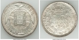 João VI 960 Reis 1819-R AU, Rio de Janeiro mint, KM326.1. 42.1mm. 26.50gm. Large full flan, much of the under-coin visible, trace of light peach tonin...