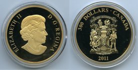 Elizabeth II gold Proof 300 Dollars 2011, Royal Canadian mint, KM1215. Mintage: 500 of which this in # 238. 50mm. 60.000gm. 14k gold Included with box...