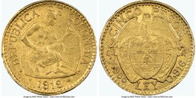 Republic gold 5 Pesos 1919 MS62 NGC, KM195.1. Stonecutter type. 

HID09801242017