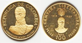 Republic gold Proof 100 Pesos 1969-B, Bogata mint, KM238. 19.9mm. 4.29gm. AGW 0.1244 oz.

HID09801242017