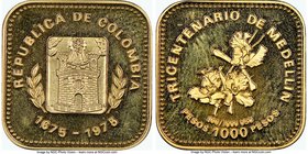 Republic gold Proof 1000 Pesos 1975 PR66 Ultra Cameo NGC, KM260. Mintage: 4,000. Tricentennial for the city of Medellin. AGW 0.1244 oz. 

HID098012420...