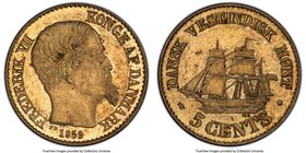Danish Colony. Frederik VII Prooflike 5 Cents 1859 PL63 PCGS, KM65. Reported mintage of 10 pieces in Prooflike grade. Coin lightly toned with nice ref...