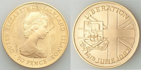 Elizabeth II gold "Liberation from Argentina Forces" 50 Pence 1982 UNC, KM18b. 38.5mm. 47.65gm. Mintage: 25. Rare one year type. AGW 1.4015 oz. 

HID0...