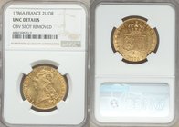 Louis XVI gold 2 Louis d'Or 1786-A UNC Details (Obverse Spot Removed) NGC, Paris mint, KM592.1. Exceedingly bright, mint state example bordering on pr...