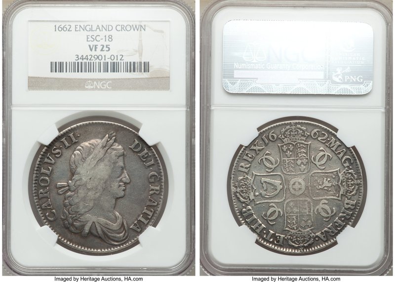 Charles II Crown 1662 VF25 NGC, KM417.1, S-3350, ESC-18. Overall center flatness...