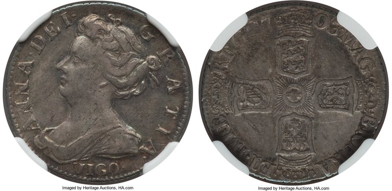 Anne "Vigo" 6 Pence 1703 AU53 NGC, KM516.1, ESC-1446 (prev. 1582). Some light ha...