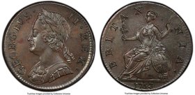 George II 1/2 Penny 1753 MS63 Brown PCGS, KM579.2. Beautiful deep brown with light blue frosted toning. 

HID09801242017