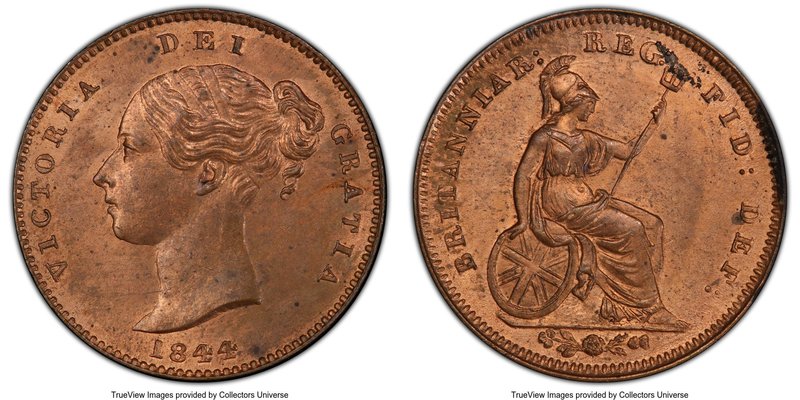 Victoria 1/3 Farthing 1844 MS64 Red and Brown PCGS, KM743, S-3952. Satiny surfac...