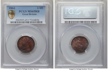 Victoria Pair of Certified Farthings PCGS, 1) Farthing 1864 - MS65 Red and Brown, KM747.2. Deep cobalt and magenta toning 2) Farthing 1864 - MS64 Red ...