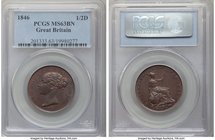 Victoria 1/2 Penny 1846 MS63 Brown PCGS, KM726, S-3949. Well struck, chestnut brown color and cobalt toning. 

HID09801242017