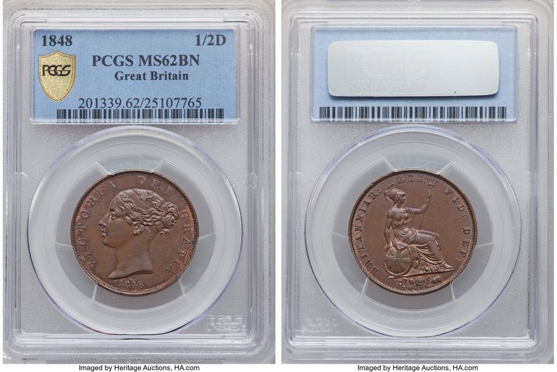 Victoria 1/2 Penny 1848 MS62 Brown PCGS, KM726, S-3949. Head left / Britannia se...