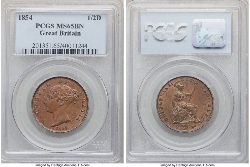 Victoria 1/2 Penny 1854 MS65 Brown PCGS, KM726, S-3949. Gingerbread brown color ...