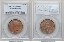 Victoria 1/2 Penny 1854 MS65 Brown PCGS, KM726, S-3949. Gingerbread brown color with small die breaks on forehead, bridge of nose and in front. 

HID0...