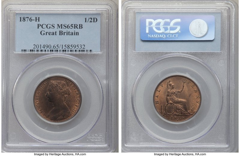 Victoria 1/2 Penny 1876-H MS65 Red and Brown PCGS, Heaton mint, KM748.2, S-3957....