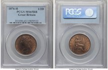 Victoria 1/2 Penny 1876-H MS65 Red and Brown PCGS, Heaton mint, KM748.2, S-3957. Backlit red fields muted in a walnut-brown shade, die-clash marks bot...