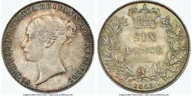 Victoria 6 Pence 1859 MS66 NGC, KM733.1, S-3908. Overall taupe surfaces with accents of seafoam, red and gold. From the Allen Moretti Swiss Collection...