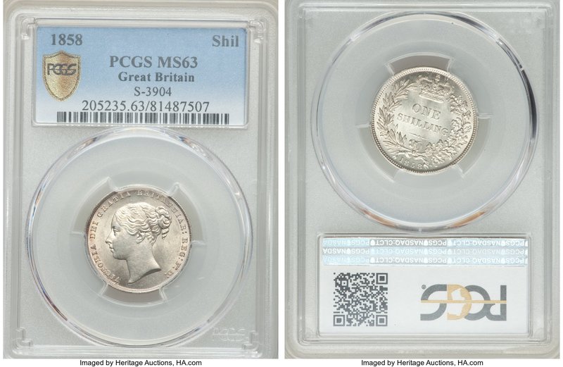 Victoria Shilling 1858 MS63 PCGS, KM734.1, S-3904. Satin surfaces with full mint...