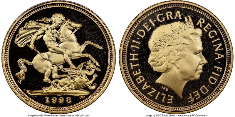 Elizabeth II gold Proof 1/2 Sovereign 1998 PR67 Ultra Cameo NGC, KM1001. AGW 0.1...