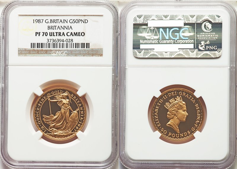Elizabeth II gold Proof 50 Pounds 1987 PR70 Ultra Cameo NGC, KM952. AGW 0.5019 o...