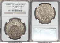Republic Counterstamped Peso 1894 AU58 NGC, KM224. Counterstamp struck on a Peru 1889-TF Sol. Nice luster sheathed in a cloak of tan and gray. 

HID09...