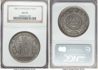 Republic Peso 1883 AU55 NGC, KM47. Three year type. Weakly struck reverse, toning in shades of gray and gold. 

HID09801242017