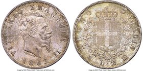 Vittorio Emanuele II 2 Lire 1863 N-BN MS63 NGC, Naples mint, KM6a.1. Shield reverse type. Full blown luster subdued by soft taupe and sky-blue toning....