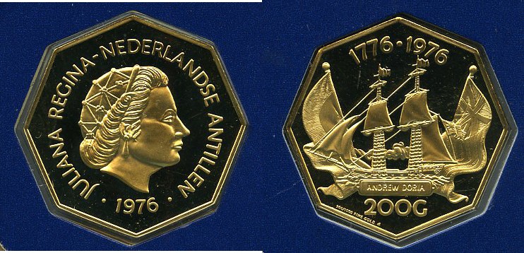 Dutch Colony. Juliana gold Proof 200 Gulden 1976-FM, Franklin mint, KM16. Comes ...