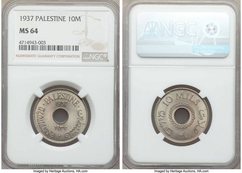 British Mandate 10 Mils 1937 MS64 NGC, KM4. Satin cartwheel luster. 

HID0980124...