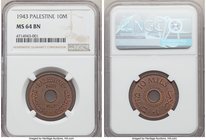 British Mandate 10 Mils 1943 MS64 Brown NGC, KM4a. Touch of original red displayed behind lettering and devices giving sharp contrast to otherwise cog...