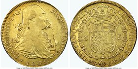 Charles IV gold 8 Escudos 1805 LM-JP AU Details (Planchet Flaw) NGC, Lima mint, KM101. AGW 0.7614 oz. 

HID09801242017