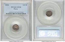 Republic 4-Piece Lot of Certified 1/4 Reales PCGS, 1) 1/4 Real 1826-LIMA - VF30, Lima mint, KM143.1 2) 1/4 Real 1849-LIMA - XF40, Lima mint, KM143.1 3...