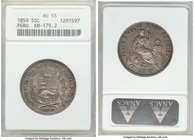 Republic 50 Centavos 1859-YB/Y AU55 ANACS, KM179.2. Old type ANACS holder does not mention YB/Y variety. Lavender-gray and gold toning. 

HID098012420...