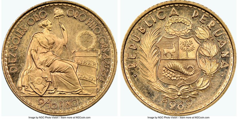 Republic gold 10 Soles 1969 MS64 NGC, Lima mint, KM236. Mintage: 100. Last year ...