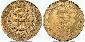 Republic gold "Lima Mint Anniversary" 100 Soles 1965 MS66 NGC, KM243. AGW 1.3543 oz. 

HID09801242017