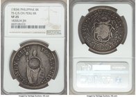 Spanish Colony. Ferdinand VII Counterstamped 8 Reales ND (1834) VF25 NGC, KM83. Type V counterstamp. Crowned "F.7.o" counterstamp on Peru 8 Reales 183...