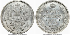 Nicholas II 20 Kopecks 1901 CΠБ-ΦЗ MS65+ NGC, St. Petersburg mint, KM-Y22a.1. Full mint bloom with frosty surfaces and no toning. 

HID09801242017