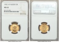 Nicholas II gold 5 Roubles 1902-AP MS63 NGC, St. Petersburg mint, KM-Y62. AGW 0.1245 oz. 

HID09801242017