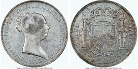 Isabel II 20 Reales 1855 AU55 NGC, Madrid mint, KM593.2. Last year of the five year type reverse displays reflective fields, light peach toning. From ...