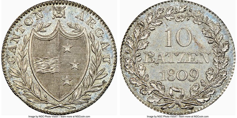 Aargau. Canton 10 Batzen 1809 MS64 NGC, KM16. Mintage: 9,842. Full wreath obvers...