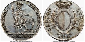 Lucerne. Canton 4 Franken 1814 AU55 NGC, KM109. Semi-prooflike surfaces typical of type, light golden toning. From the Allen Moretti Swiss Collection
...