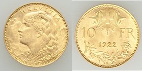 Confederation gold 10 Francs 1922-B UNC (lacquer residue), Bern mint, KM36 18.8mm. 3.21gm. Small patch of lacquer on top of head of Helvetia. AGW 0.09...
