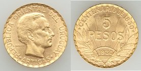 Republic gold 5 Pesos 1930-(a) AU, Paris mint, KM27. Constitution centennial one year type, Mintage: 100,000, only 14,415 were released, remainder wit...