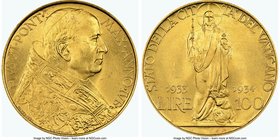 Pius XI gold "Jubilee" 100 Lire 1933-1934 MS65 NGC, KM19. AGW 0.2546 oz. 

HID09801242017